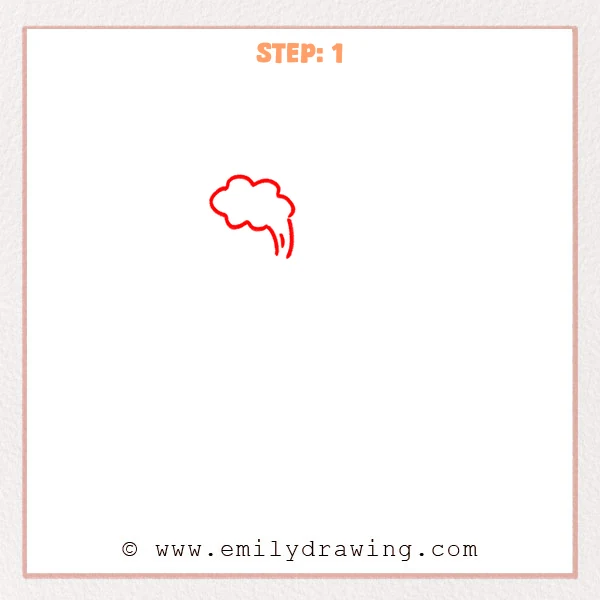 how to draw a cartoon volcano - Step 1 of how to draw a cartoon volcano shows a simple smoke puff cloud with two curved plume lines starting the sketch.